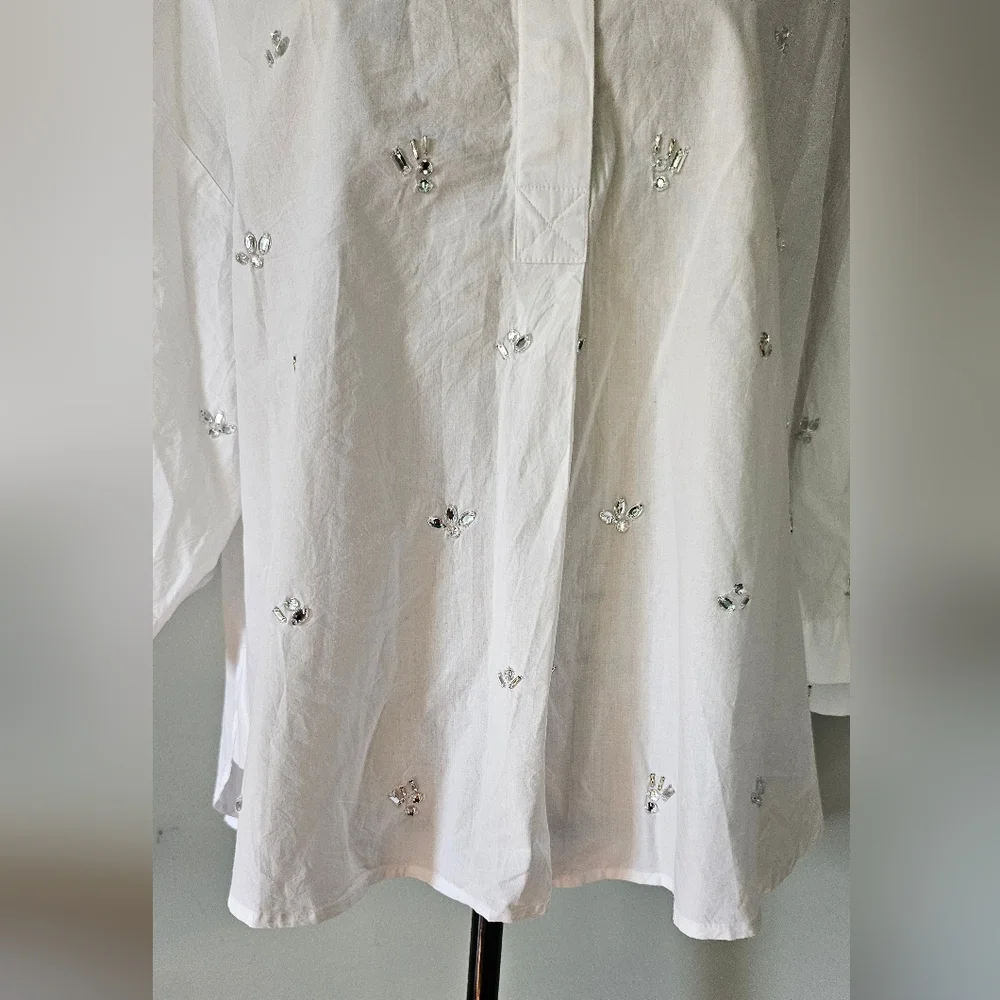 French Connection Rhodes Rhinestone Shirt, Linen White Size Medium - Picture 6 of 11